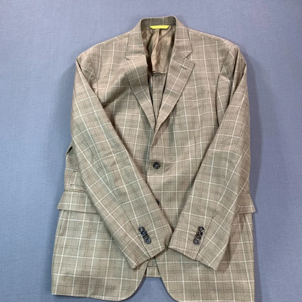 Canali Kei Blazer Mens 56R Brown Windowpane Wool Sport Coat Jacket Made In Italy